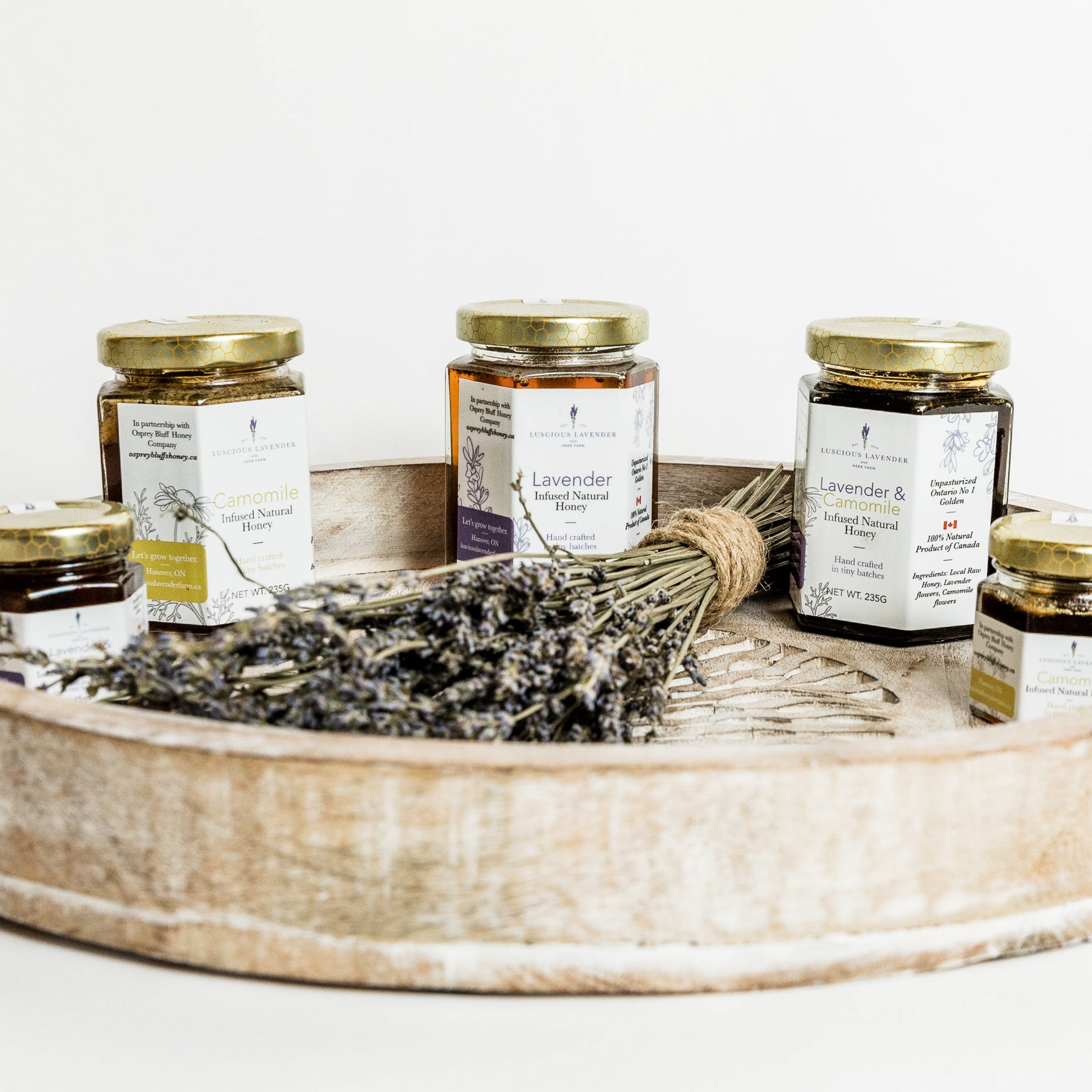 Lavender Camomile Honey on a wooden tray